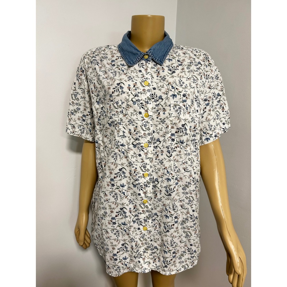VINTAGE Northwest COTTAGECORE Floral Button Down Shirt Denim Collar White Cotton